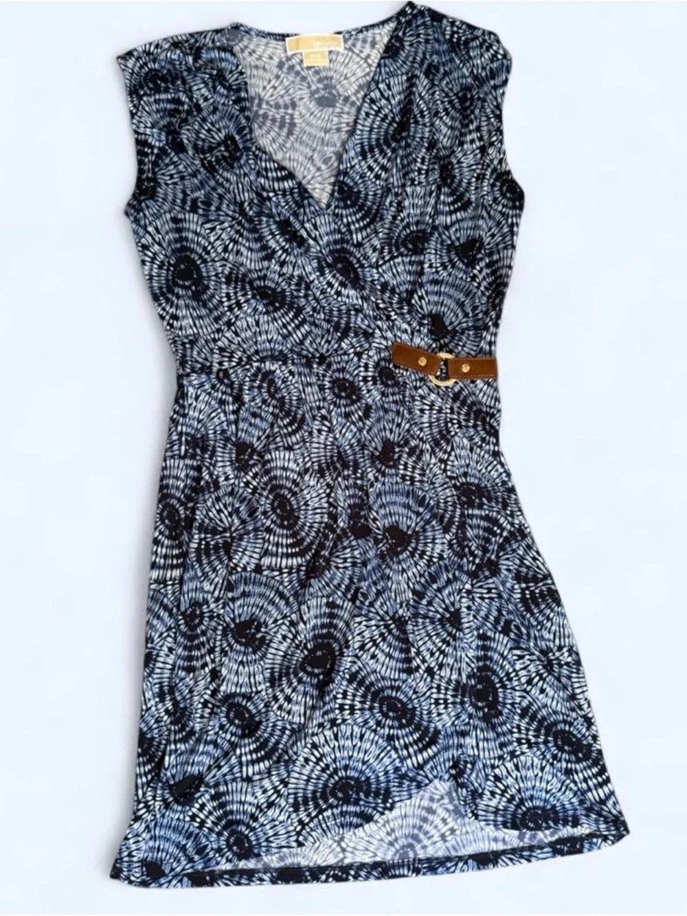 Michael Kors Blue and Black Printed Sleeveless Wrap Mini Dress with Tan Belt